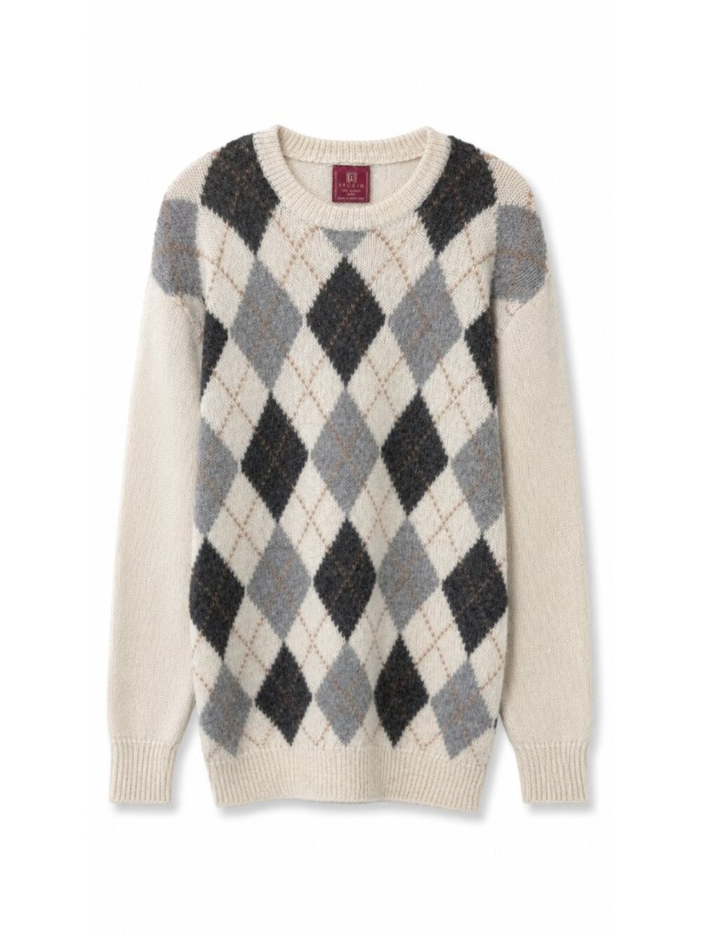 Vintage Nordstrom 100% Alpaca Argyle Crew Neck Sweater, Cream Gray, Size L